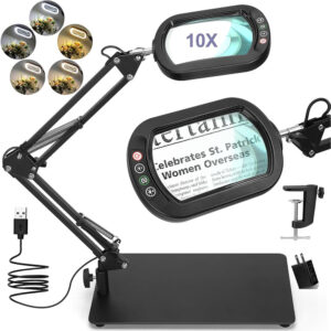 10X LED Magnifying Glass with Stand and Clamp – Real Glass Lens, 5 Color Modes, Stepless Dimmable Desk Lamp for Crafting, Reading, Hobbies, and Close Work