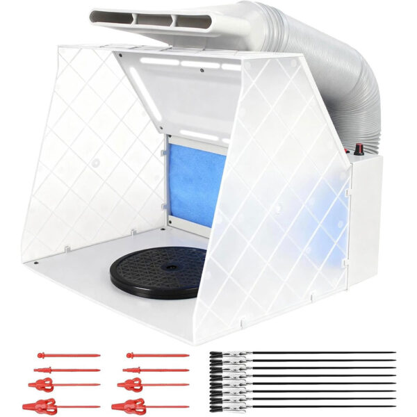 Airbrush Spray Booth Kit – LED-Illuminated Paint Booth with Adjustable Fan, Turntable, Retractable Hose, and 16 Alligator Clips for Models, DIY Crafts, and RC Projects