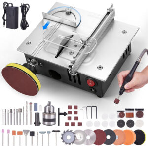 Mini Table Saw for Crafts – Dual Motors with Adjustable Speeds, Height-Adjustable Table, and 135-Piece Accessory Kit for Cutting, Grinding, Engraving, and Drilling